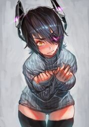  black_hair black_thighhighs blue_sweater blush breasts commentary_request covering_breasts covering_privates embarrassed eyebrows eyepatch female hair_ornament hands_on_own_chest headgear kantai_collection large_breasts leaning_forward looking_at_viewer meme_attire open-chest_sweater short_hair sleeves_past_wrists solo sweatdrop sweater tearing_up tenryuu_(kancolle) thighhighs tianzhong_zhongtian wavy_mouth yellow_eyes 