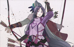  1boy arrow_(projectile) back-to-back bow_(weapon) commentary_request fate/grand_order fate_(series) female fingerless_gloves gloves green_hair hira_(daphne) long_hair minamoto_no_raikou_(fate) ponytail purple_eyes purple_hair quiver tawara_touta_(fate) very_long_hair weapon 