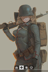  ammunition_pouch backpack bag battlefield_(series) battlefield_1 belt bk-201xwz black_gloves blonde_hair combat_helmet commentary_request covered_eyes crutch female german_army german_empire germany gloves gun helmet highres holding holding_gun holding_weapon imperial_german_army long_hair looking_at_viewer mauser_m1916 military military_uniform original over_shoulder photoshop_(medium) pouch rifle smile solo stahlhelm tan_background uniform utility_belt weapon weapon_over_shoulder world_war_i 