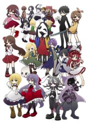  6+boys 6+girls alicemare bannou_houchou-san barefoot black_hair blonde_hair blue_eyes brown_eyes brown_hair cheshire_cat_(alicemare) chibi commentary_request crossover dress ellen_(majo_no_ie) flower garry_(ib) genre_connection green_eyes grey_eyes grey_hair hair_ornament highres holding holding_knife holding_sword holding_weapon houchou-san_no_uwasa ib_(ib) ib_(kouri) ichinose_natsuki kanzaki_shiori katana kirisame_ga_furu_mori knife madotsuki majo_no_ie mary_(ib) mary_janes monoe monoko multiple_boys multiple_crossover multiple_girls open_mouth pantyhose pink_shirt poniko purple_eyes purple_hair red_eyes red_hair rose sashimi_houchou-san sekomumasada_sensei shirt shitaisan shoes sidelocks smile suga_koutarou sword toriningen transparent_background uboa viola_(majo_no_ie) weapon white_eyes white_rabbit_(alicemare) yellow_eyes yume_nikki 