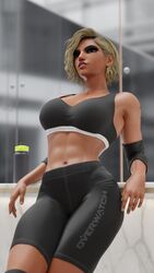  1girls 3d abs alternate_hair_color alternate_hairstyle athletic big_breasts biker_shorts blizzard_entertainment blonde_hair calvin_klein close-up clothed dark-skinned_female dark_skin egyptian egyptian_female facing_viewer fareeha_amari female female_only female_protagonist fit fit_female fully_clothed heroine human large_breasts muscle_mommy overwatch pharah posing solo sports_bikini sportswear tanuking3d tattoo thick_thighs thighs tiptoes training 