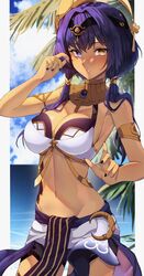  ancient_egyptian beach black_nail_polish black_nails brown_skin candace_(genshin_impact) egyptian egyptian_clothes egyptian_female genshin_impact heterochromia highres lessone middle_eastern middle_eastern_clothing middle_eastern_female nail_polish tagme twintails 