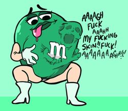  belly_bulge bones boots burning candy cartoony cruel_pred cruelty digesting digestion dying fatal food gloves green_skin hard_digestion living_candy living_food m&amp;m&#039;s mr_rattleb0nes ms._green pleasure_face screaming skeleton stomach_bulge suffering tongue_out unwilling_prey unwilling_vore vore what 