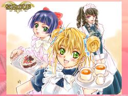  3girls :d aeru_(simoun) apron black_dress blonde_hair blue_hair blunt_bangs blush border bow bowtie cake dominura_(simoun) dress drill_hair food green_eyes green_hair looking_at_viewer maid maid_apron maid_headdress mamiina_(simoun) multiple_girls nishida_asako open_mouth short_hair sidelocks simoun smile tea twintails waist_apron white_bow white_bowtie 