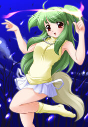  :d ahoge armpits blush chain_necklace chains female green_hair inukami! jewelry kougasha long_hair looking_at_viewer necklace no_shoes pleated_skirt pointing red_eyes skirt sleeveless sleeveless_turtleneck smile socks solo standing standing_on_one_leg tail turtleneck twintails youko_(inukami) 