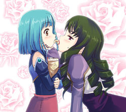  2girls age_difference bag blue_hair blush bob_cut braid detached_sleeves dominura_(simoun) drill_hair eye_contact grabbing_another&#039;s_chin green_hair hand_on_another&#039;s_chin height_difference leaning_forward limone_(simoun) lipstick lolicon long_hair long_sleeves looking_at_another makeup multiple_girls nail_polish onee-loli orange_eyes pink_eyes profile purple_nails shared_food short_hair simoun sweatdrop tougarashi_hideyu yuri 