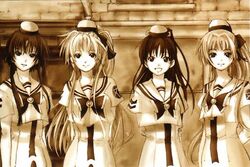  4girls aged_down ametsuchi_akino aria_(manga) artist_request character_request dress himeya_company_uniform long_dress monochrome multiple_girls sepia uniform white_dress 