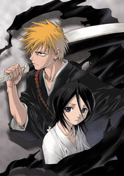  1boy black_hair bleach female hair_between_eyes kedo_mitsuharu kuchiki_rukia kurosaki_ichigo long_sleeves orange_hair robe shikai sword weapon zangetsu_(bleach) zangetsu_(shikai) 