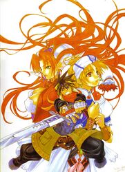  1boy 2girls bad_id blonde_hair breasts cleavage corset elena_(grandia) grandia grandia_ii highres kanoe_youshi large_breasts long_hair millenia_(grandia) multiple_girls official_art red_hair ryudo_(grandia) sword very_long_hair weapon yellow_eyes 