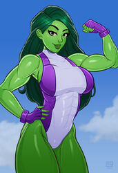  1girls 2022 abs alternate_version_available artist_logo biceps big_breasts busty clothed clouds eyebrows eyelashes eyes female female_only fingerless_gloves flexing_bicep gloves green-skinned_female green_body green_eyes green_hair green_skin hair hero heroine highleg_leotard hips huge_breasts hulk_(series) large_breasts leotard long_hair looking_at_viewer marvel marvel_comics monolithic-sloth muscle_girl muscles muscular muscular_abs muscular_female she-hulk simple_background solo solo_female superhero superheroine thick_thighs 