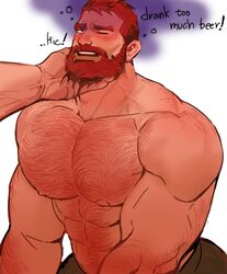  1boy 1male abs arm_hair bara beard bearded big_arms blush blushing chest_hair daddy dilf dopq drunk drunk_bubble drunk_bubbles eye_closed facial_hair hairy hairy_arms hairy_chest hand_on_chin human large_pectorals logan_(lustful_desires) lustful_desires male male_only muscle muscles muscular muscular_arms muscular_male nipples pecs pectorals red_hair shirtless shirtless_(male) shirtless_male 