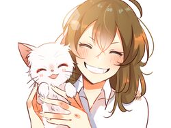  animal artist_name blush brown_hair closed_eyes coll_(erichankun) dated_commentary facing_viewer feline female hair_between_eyes happy holding holding_animal holding_cat long_hair miyo_sasaki nakitai_watashi_wa_neko_wo_kaburu shirt smile taro_(nakitai_watashi_wa_neko_wo_kaburu) upper_body white_background white_cat white_shirt 