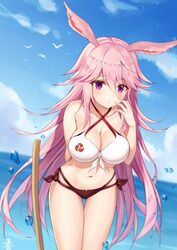  angel_no_shousou animal_ears arm_behind_back bare_arms bare_shoulders bikini bird black_bikini blue_sky blush breasts cleavage closed_mouth cloud collarbone cowboy_shot criss-cross_halter day female hair_between_eyes halterneck honkai_(series) honkai_impact_3rd large_breasts leaning_forward long_hair looking_at_viewer mismatched_bikini multi-strapped_bikini navel ocean outdoors pink_hair purple_eyes sky solo swimsuit thigh_gap thighs very_long_hair water water_drop white_bikini yae_sakura 