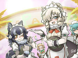  &gt;_&lt; 4girls :&lt; alpaca_ears alpaca_suri_(kemono_friends) alternate_costume animal_ears apron aqua_eyes aqua_hair arms_up artist_name bare_arms black-tailed_prairie_dog_(kemono_friends) black_hair blonde_hair blue_eyes blush brown_hair closed_eyes closed_mouth commentary_request cup dated dress drink drinking_glass drinking_straw dutch_angle enmaided facing_viewer frills fur_collar grey_hair grey_wolf_(kemono_friends) hair_between_eyes hair_bun hair_over_one_eye hand_up holding kemono_friends looking_at_viewer maid maid_headdress medium_hair miji_doujing_daile multicolored_hair multiple_girls nose_blush one_eye_closed open_mouth orange_eyes photoshop_(medium) platinum_blonde_hair short_sleeves single_hair_bun smile sparkle tail teeth tray tsuchinoko_(kemono_friends) two-tone_hair upper_body upper_teeth_only waist_apron wolf_ears wolf_tail wrist_cuffs 