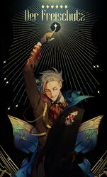  1boy absurdres albino_(a1b1n0623) ascot bad_id bad_pixiv_id black_background butterfly_wings cape closed_eyes coat_of_arms commentary_request epaulettes facial_hair fate/grand_order fate_(series) formal gloves grey_hair hand_up heraldry highres insect_wings jacket james_moriarty_(archer)_(fate) male_focus moustache solo standing wings 