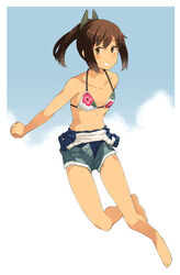  bare_arms bare_legs barefoot bikini bikini_top_only bikini_under_clothes brown_eyes brown_hair clothes_pull collarbone cutoffs female floral_print full_body grey_shorts grin hair_ornament hairclip i-401_(kancolle) kantai_collection layered_swimsuit looking_at_viewer navel no_shirt one-piece_swimsuit one-piece_swimsuit_pull open_fly ponytail sakura_(medilore) school_swimsuit short_hair short_ponytail shorts sidelocks smile solo swimsuit swimsuit_under_clothes swimsuit_under_swimsuit tan two-tone_background white_bikini 