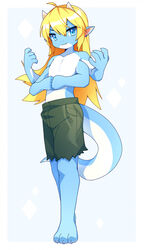  2021 3_toes anthro barefoot blonde_hair blue_body blue_eyes bottomwear chibi claws clothing devil-vox dragon feet femboy hair hi_res horn humanoid_pointy_ears kemono long_hair male multi_arm multi_limb multicolored_body mythological_creature mythological_scalie mythology plantigrade pose ramzyuu_(ramzyru) scalie shorts solo standing standing_on_toes tail thick_tail toes two_tone_body white_body 