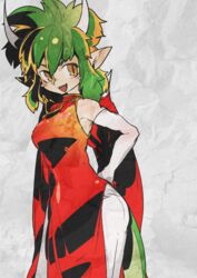  animal_humanoid armwear asian_clothing breasts chinese_clothing chinese_dress clothing draco_centauros dragon dragon_humanoid dragon_tail dress east_asian_clothing elbow_gloves fangs female gloves green_hair hair handwear happy horn humanoid humanoid_pointy_ears idkuroi madou_monogatari mammal monster_girl_(genre) mythological_creature mythological_scalie mythology open_mouth puyo_puyo scalie sega solo tail teeth wings yellow_eyes 