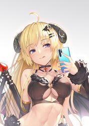  :q ahoge alternate_costume animal_ears bad_id bad_pixiv_id bare_shoulders black_choker black_shirt blonde_hair breasts cellphone chinese_commentary choker cleavage closed_mouth clothing_cutout collarbone commentary_request crop_top cross dark_persona demon_wings detached_sleeves female fur_trim gradient_background grey_background hair_ornament hairclip hand_up harp highres holding holding_phone hololive horns instrument large_breasts long_hair looking_away midriff musyne_xsk navel phone photoshop_(medium) purple_eyes revealing_clothes selfie sheep_ears sheep_girl sheep_horns shirt smile solo stomach tongue tongue_out tsunomaki_watame underboob underboob_cutout upper_body virtual_youtuber wings 