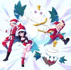  2boys ;d abomasnow barry_(pokemon) black_gloves black_hair blonde_hair blue_eyes box collarbone dawn_(pokemon) dress elbow_gloves female floating_hair fur-trimmed_dress fur-trimmed_headwear fur-trimmed_jacket fur-trimmed_leg_warmers fur_trim gift gift_box gloves hair_ornament hairclip hat highres jacket leg_up long_hair long_sleeves lucas_(pokemon) multiple_boys one_eye_closed open_mouth pants pokemon pokemon_(creature) pokemon_dppt red_dress red_headwear red_jacket red_leg_warmers red_pants running santa_costume santa_hat sawarabi_(sawarabi725) short_dress short_hair smile snover strapless strapless_dress v-shaped_eyebrows white_gloves winter 