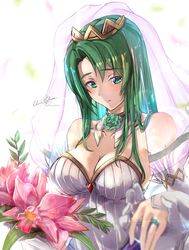  artist_name bare_shoulders blurry blush bouquet breasts bridal_veil cecilia_(bridal)_(fire_emblem) cecilia_(fire_emblem) clear_glass_(mildmild1311) cleavage closed_mouth collarbone depth_of_field detached_collar dress female fire_emblem fire_emblem:_the_binding_blade fire_emblem_heroes flower frills green_eyes green_hair highres jewelry large_breasts looking_at_viewer official_alternate_costume ring signature simple_background solo strapless strapless_dress upper_body veil wedding_dress white_background white_dress 