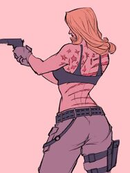  1girls back_scar back_view blonde_hair cargo_pants cargo_shorts clothed clothed_female clothing female female_focus female_only fully_clothed funny_valentine gun jojo&#039;s_bizarre_adventure rule_63 run scar solo solo_female sports_bra sssssss20350078 steel_ball_run 