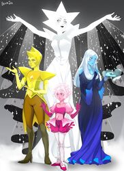  4girls armor benteja black_lips blonde_hair bloomers blue_diamond_(steven_universe) blue_skin boots colored_skin dress elbow_gloves full_body gloves glowing height_difference highres hood multiple_girls pauldrons pink_diamond_(steven_universe) pink_eyes pink_hair pink_skin shoulder_armor spiked_hair spoilers steven_universe strapless strapless_dress white_diamond_(steven_universe) white_hair white_skin yellow_diamond_(steven_universe) yellow_skin 