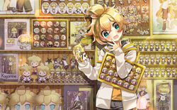  1boy badge blonde_hair blue_eyes blush box button_badge cellphone character_doll charm_(object) chibi collection commentary doll hand_on_own_cheek hand_on_own_face head_tilt headphones hekicha highres holding holding_phone indoors instrument itabag jacket kagamine_len kagamine_rin keyboard_(instrument) looking_at_viewer magnet male_focus merchandise nendoroid oerba_yun_fang open_mouth orange_shirt otaku_room package phone photoshop_(medium) poster_(object) shelf shirt solid_oval_eyes solo star_(symbol) stuffed_toy upper_body vocaloid 