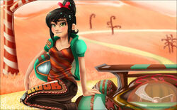  black_hair candy_cane disney female hair_tie hazel_eyes height_difference helmet jacket logo older race_car race_track smile solo sugar_rush vanellope_von_schweetz vyntresser wreck-it_ralph 