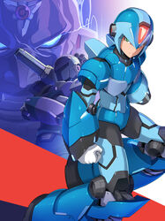  3boys android arm_cannon armor armored_boots bald black_bodysuit blue_armor blue_footwear bodysuit boots clenched_hand closed_mouth commentary crossed_arms evil_grin evil_smile forehead_jewel gloves green_eyes grin helm helmet highres looking_at_viewer looking_to_the_side male_focus mega_man_(series) mega_man_x1 mega_man_x_(series) multiple_boys no_pupils photoshop_(medium) power_armor ringed_eyes serious shoulder_cannon sigma_(mega_man) smile standing vambraces vile_(mega_man) weapon white_gloves x_(mega_man) zelitto 