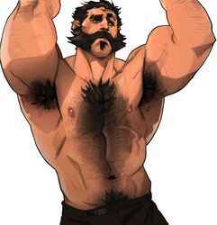  1boy 1male armpit_hair armpits arms_up bara beard bearded big_arms black_hair chest_hair chris_sdd graves_(league_of_legends) hairy hairy_armpits hairy_chest half_naked league_of_legends male male_only muscle muscles muscular muscular_arms navel nipples pecs pectorals shirtless 