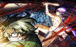  blood busujima_saeko cleavage glasses highschool_of_the_dead hirano_kohta panties purple_hair underwear weapon 