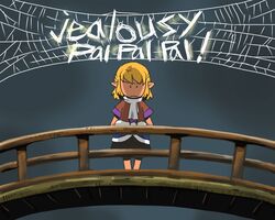  ._. anger_vein arm_warmers bad_id bad_pixiv_id blonde_hair bridge charlotte&#039;s_web commentary_request female mizuhashi_parsee onikobe_rin parody paru_paru pointy_ears pun scarf shaded_face shirt short_hair short_sleeves silk skirt solo spider_web standing touhou 