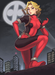  alternate_hair_length alternate_hairstyle anklet armlet bad_id bad_pixiv_id beckoning belt belt_pouch blonde_hair blue_eyes bodysuit bracer breasts breath buckle building city come_hither female flipped_hair gloves hand_on_own_hip jewelry knee_up lady_deadpool lips logo looking_at_viewer maou_alba marvel medium_breasts mole mole_under_eye multiple_swords night night_sky no_mask outdoors pouch pursed_lips rooftop short_hair sky skyscraper solo spotlight superhero_costume sword thighs turtleneck utility_belt wanda_wilson weapon 