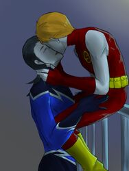  2boys aqua_lad black_hair dc_comics fingerless_gloves garth gloves kissing male male_focus multiple_boys orange_hair pixiv_manga_sample roy_harper sitting sleeveless speedy teen_titans yaoi yellow_shoes 