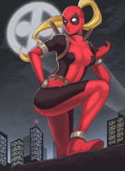  bad_id bad_pixiv_id beckoning blonde_hair blue_eyes bodysuit breath come_hither female hand_on_own_hip lady_deadpool long_hair looking_at_viewer maou_alba marvel mask ponytail solo thighs wanda_wilson 