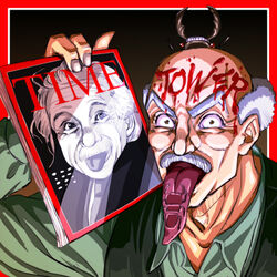  1boy albert_einstein bald blood blood_on_face border brown_eyes c-7_(assate) commentary_request crazy_eyes gray_fly_(jojo) holding jojo_no_kimyou_na_bouken long_tongue magazine_(object) old old_man outside_border red_border stand_(jojo) stardust_crusaders time_(magazine) tongue tongue_out tower_of_grey_(stand) white_hair 