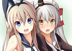  2girls amatsukaze_(kancolle) blonde_hair bloodhound blue_eyes blush brown_eyes close-up commentary_request grey_hair hair_ribbon headband highres kantai_collection long_hair looking_at_viewer multiple_girls oerba_yun_fang open_mouth ribbon school_uniform serafuku shimakaze_(kancolle) simple_background two_side_up 