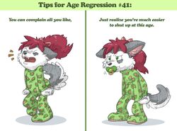  ageplay angry anthro canid canine canis clothing domestic_dog english_text female food fruit green_eyes hair husky infantilism kammypup mammal melon nicolaibunny nordic_sled_dog onesie pacifier plant red_hair roleplay solo spitz tantrum text watermelon young young_anthro 