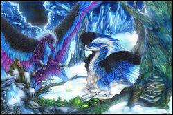  ambiguous_gender black_body black_border black_feathers blue_body blue_feathers blue_fur blue_hair border claws detailed detailed_background detailed_feathers detailed_fur dragon duo feathered_dragon feathered_scalie feathered_wings feathers feral forest fur furred_dragon furred_scalie hair isvoc mythological_creature mythological_scalie mythology night nude outside plant purple_body purple_feathers purple_fur scalie traditional_media_(artwork) tree water white_body white_fur wings 