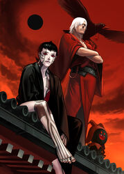  2boys bird black_frost black_moon bodypaint commentary_request crow dante_(devil_may_cry) demi-fiend devil_may_cry_(series) full_moon japanese_clothes kimono male_focus moon multiple_boys shin_megami_tensei shin_megami_tensei_iii:_nocturne sunset yatagarasu_(megami_tensei) yorita_(kick_knock) 