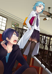  1boy absurdres aqua_hair black_hair blue_eyes blue_hair book ceiling_fan chinese_commentary clipboard commentary_request fei_luo_mao female hand_in_pocket highres honkai_(series) honkai_impact_3rd jacket lab_coat lieserl_albert_einstein necktie open_mouth photoshop_(medium) short_hair skirt sweatdrop thighhighs welt_joyce 