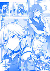  !? absurdres anger_vein angry belt black_shirt blue_theme blush bracelet braid cellphone china_dress chinese_clothes chinese_commentary choker clothing_cutout commentary_request dragon_print dress earrings fei_luo_mao female fu_hua fu_hua_(night_squire) fu_hua_(rustic_noir) gift hair_between_eyes hair_ornament highres honkai_(series) honkai_impact_3rd jewelry long_hair low-cut_armhole monochrome multiple_belts official_alternate_costume phone photoshop_(medium) punching shaded_face shirt shorts side_cutout smartphone surprised sweatdrop tablet_pc thigh_strap thumbs_up trembling white_shorts 