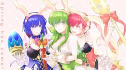  3girls alternate_costume animal_ears blue_eyes blue_hair bow carrot catria_(fire_emblem) catria_(spring)_(fire_emblem) choker closed_mouth commentary_request easter_egg egg est_(fire_emblem) est_(spring)_(fire_emblem) fake_animal_ears fire_emblem fire_emblem:_mystery_of_the_emblem fire_emblem_heroes flower frilled_choker frills gloves green_eyes green_hair hair_flower hair_ornament holding long_hair multiple_girls open_mouth palla_(fire_emblem) palla_(spring)_(fire_emblem) parted_lips pink_eyes pink_hair qumaoto rabbit_ears red_bow see-through short_hair siblings sisters smile spoon twitter_username upper_body white_gloves 