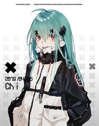  absurdres ahoge bags_under_eyes black_jacket chinese_text commentary dated drawstring female gold gold_teeth gradient_background green_hair grey_background hair_between_eyes hair_ornament hands_in_pockets high_collar highres jacket long_hair original pinyin_text red_eyes solo symbol-only_commentary teeth translated upper_body upper_teeth_only white_background x x_hair_ornament xiao_chichi zipper_pull_tab 