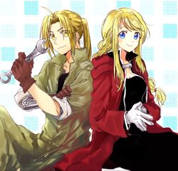  1boy aqua_background automail back-to-back blonde_hair blue_eyes braid braided_ponytail brown_gloves coat commentary cosplay edward_elric edward_elric_(cosplay) eyes_visible_through_hair female fullmetal_alchemist gloves green_pants green_shirt hand_on_own_arm holding holding_wrench looking_at_viewer own_hands_together pants polka_dot polka_dot_background ponytail protected_link red_coat shirt sitting smile square symbol-only_commentary tsukuda0310 two-tone_background white_background white_gloves winry_rockbell winry_rockbell_(cosplay) wrench yellow_eyes 