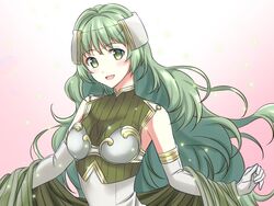  armor breastplate commentary_request elbow_gloves female fire_emblem fire_emblem_echoes:_shadows_of_valentia gloves green_eyes green_hair kakiko210 long_hair open_mouth simple_background solo tatiana_(fire_emblem) upper_body white_gloves 