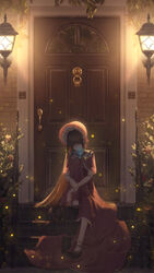  black_hair blunt_bangs bonnet brooch brown_footwear closed_eyes commentary crying doll_joints door dress facing_viewer female highres jewelry joints knee_up lamp long_hair night outdoors red_dress short_sleeves sitting solo stairs vivid507 