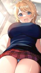  :d ahoge blonde_hair blue_eyes blue_shirt blue_skirt blush breasts commentary_request female from_below hachimiya_meguru highres idolmaster idolmaster_shiny_colors indoors large_breasts looking_at_viewer open_mouth partial_commentary plaid plaid_skirt red_skirt shiitake_taishi shirt skirt smile solo thighs 