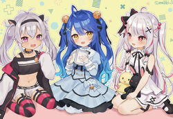  3girls aged_down ahoge amamiya_kokoro amamiya_kokoro_(1st_costume) antenna_hair beads bell black_ribbon black_shirt blue_dress blue_hair blush book bow buttons collar commentary crop_top double-breasted dress dress_bow fangs garter_straps gradient_hair hair_beads hair_bell hair_intakes hair_ornament hair_ribbon hairband highres holding holding_book jacket loafers lolicon long_sleeves matsukai_mao meibi_1 multicolored_hair multiple_girls navel neck_ribbon nijisanji oerba_yun_fang off-shoulder_shirt off_shoulder open_book open_mouth pink_eyes red_eyes ribbon seiza shirt shoes shorts sitting skin_fang skin_fangs smile spiked_collar spikes stuffed_animal stuffed_rabbit stuffed_toy symbol-only_commentary twintails twitter_username two-tone_hair two_side_up virtual_youtuber wariza white_dress x_hair_ornament yellow_background yellow_eyes yorumi_rena yorumi_rena_(young) 